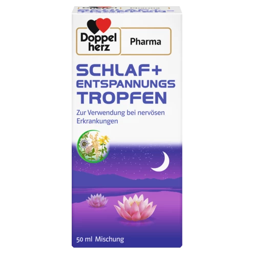 Abbildung der Produktverpackung DoppelherzPharma SCHLAF + ENTSPANNUNGS TROPFEN Frontansicht